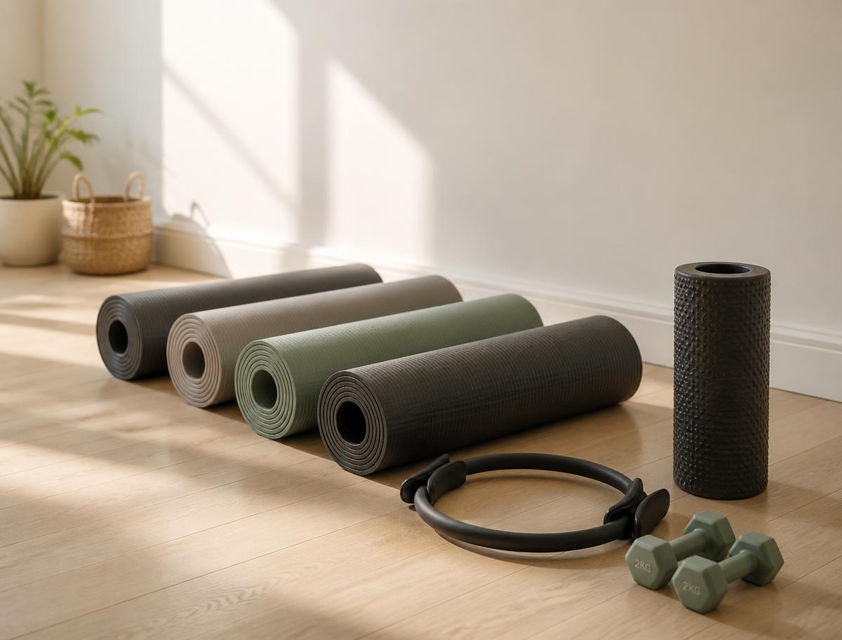 Rolled exercise mats beside a magic circle, foam roller and light hand weights on a wood floor