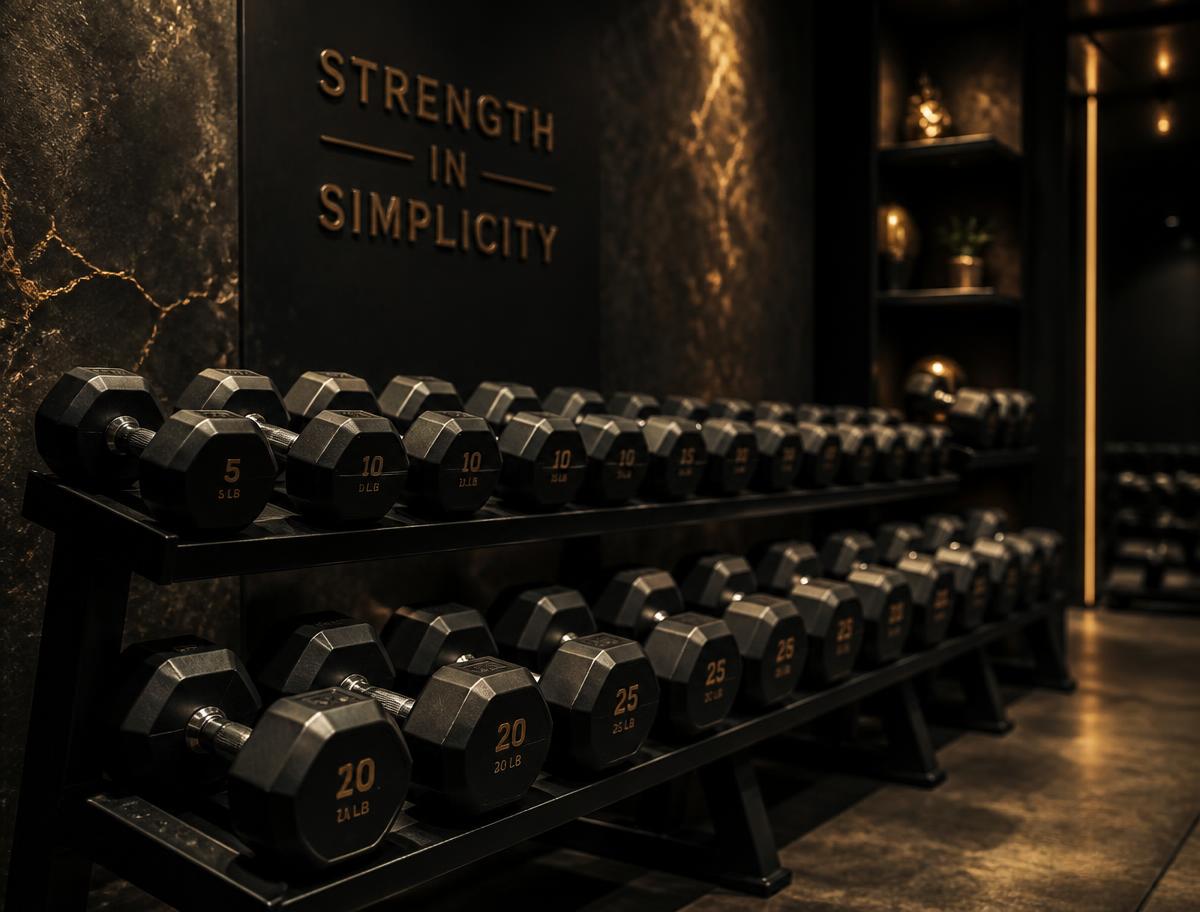 A rack of black hex dumbbells along a dark studio wall