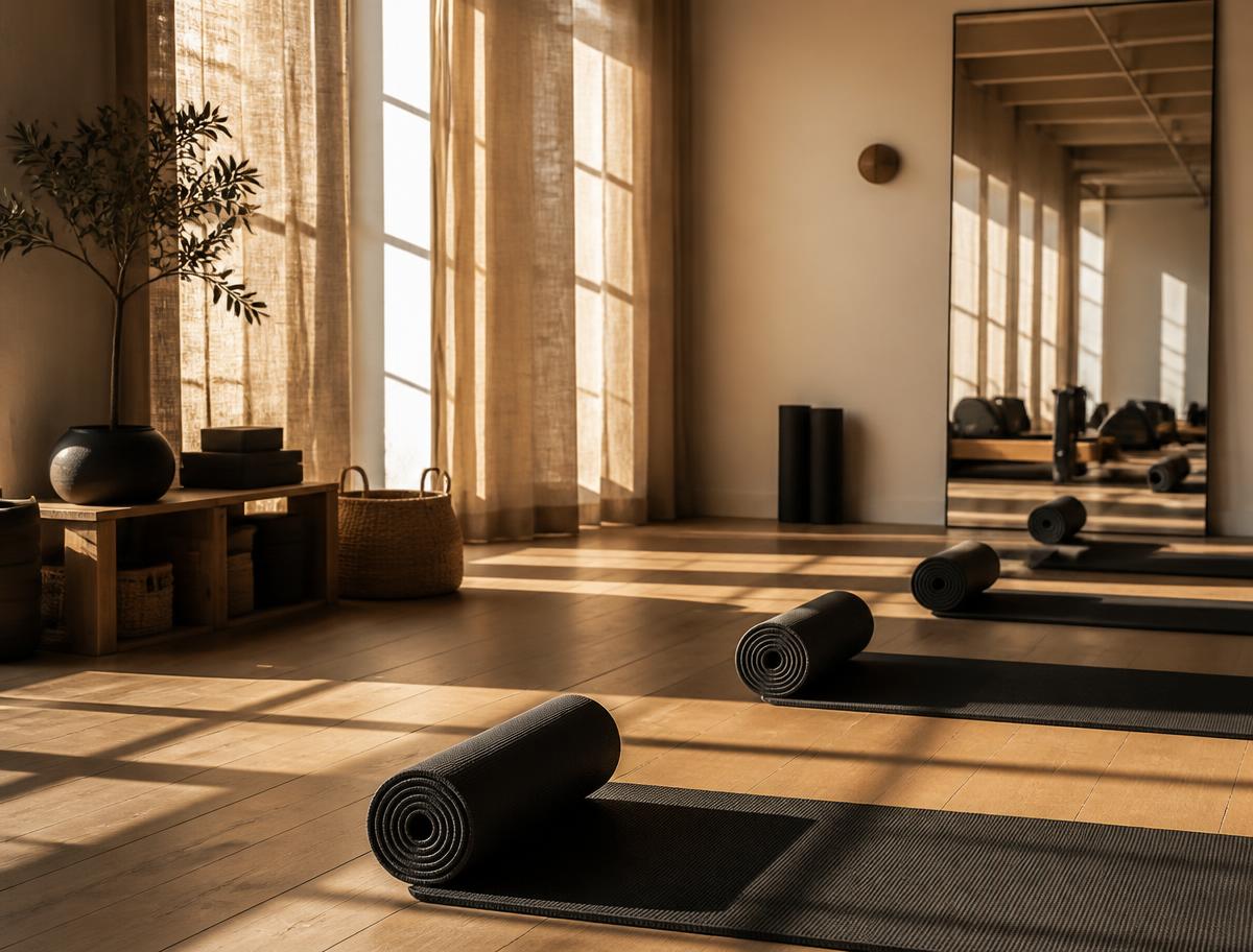 Sunlit mat room with rolled black mats on an oak floor and linen curtains