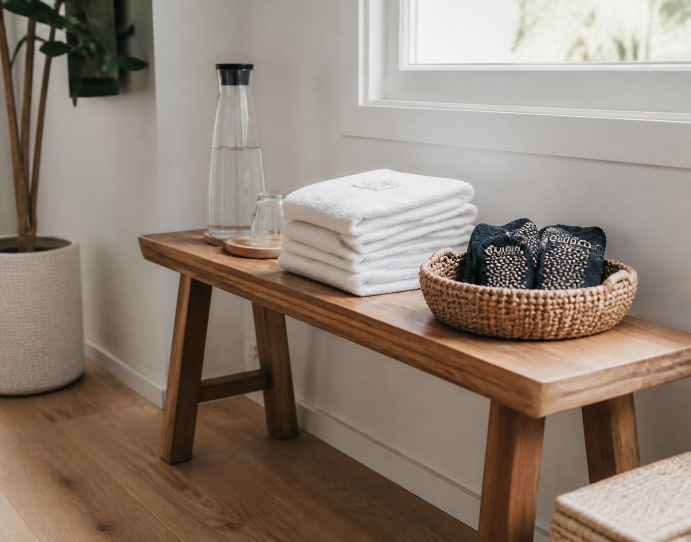 Wooden bench at the studio entry with folded towels, a water carafe and a basket of grip socks